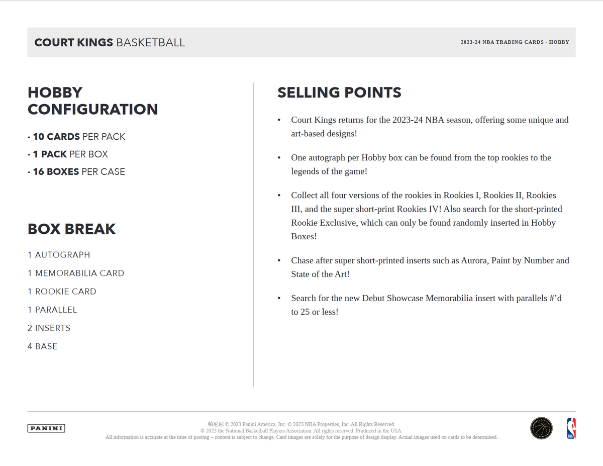 2023-24 Panini Court Kings Basketball Hobby 16 Box Case