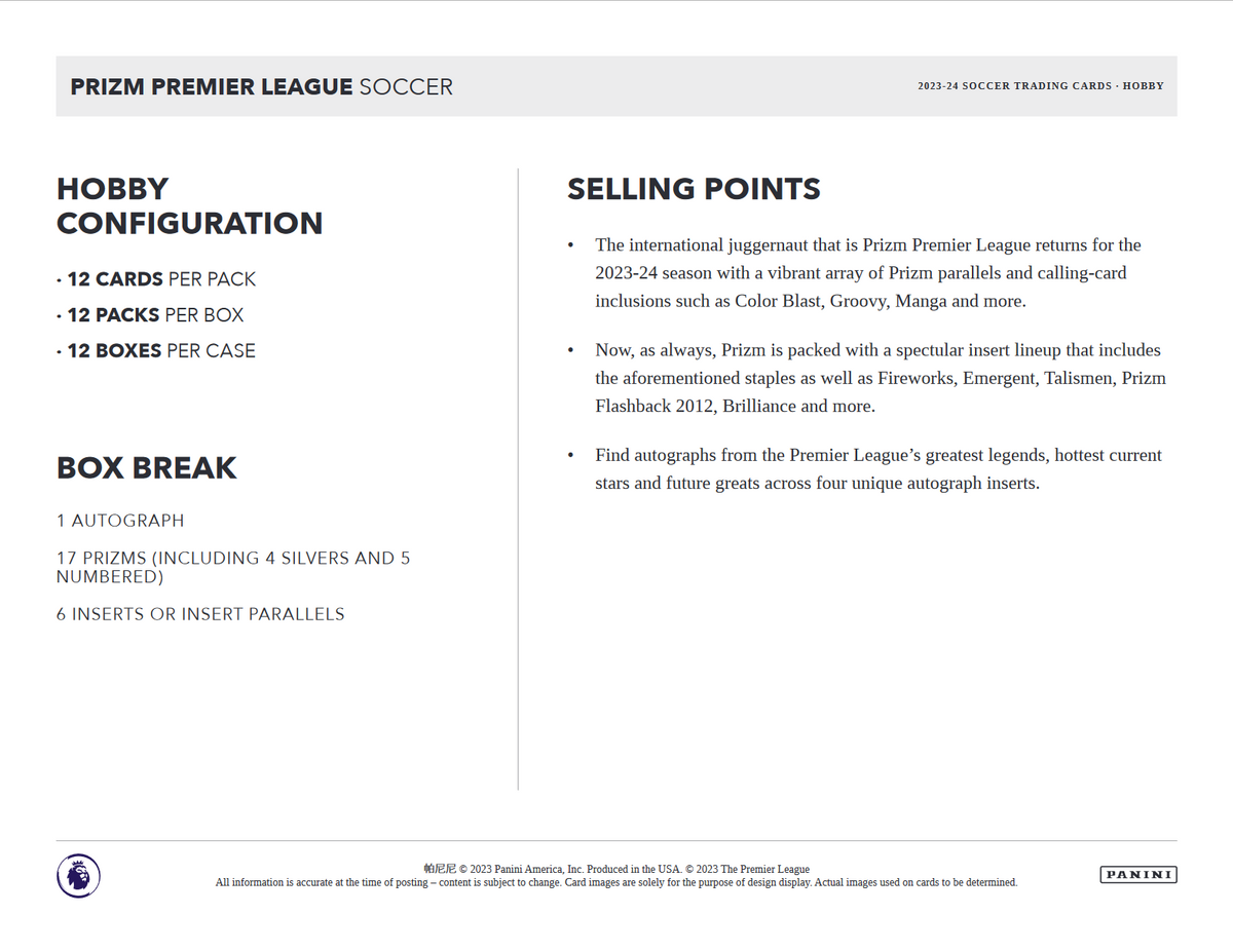 2023-24 Panini Prizm Premier League Soccer Hobby 12 Box Case
